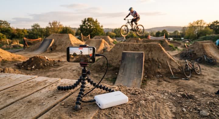 An iPhone on a small tripod at a bike park, plugged into a battery pack